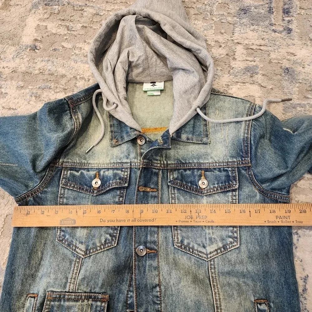LRG Lifted Research Group Denim Distressed Hooded‎ Jacket.  Men's size small.